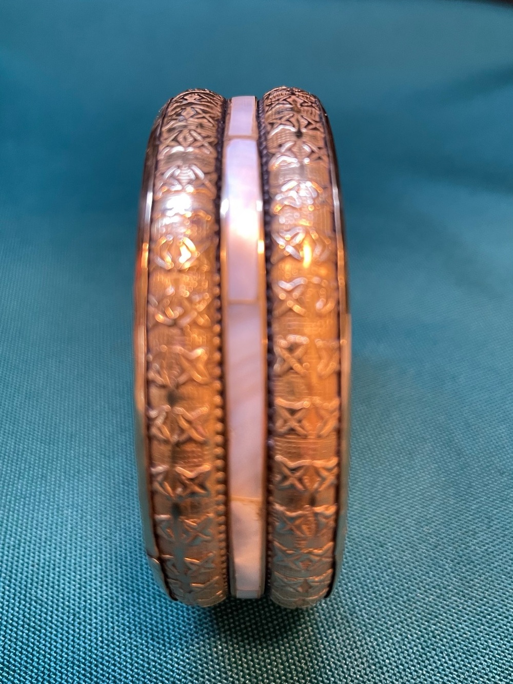 Vintage solid brass engraved Bangle Bracelet with Mother-of-Pearl Inlay